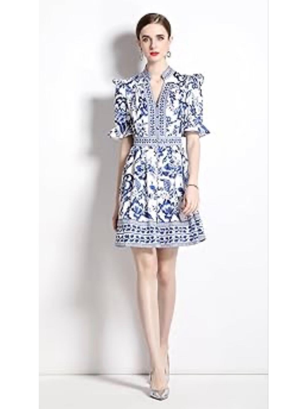 Lai Meng Five Cats Ruffle Sleeve Mini Shirt Dress Printed Blue White Size Medium